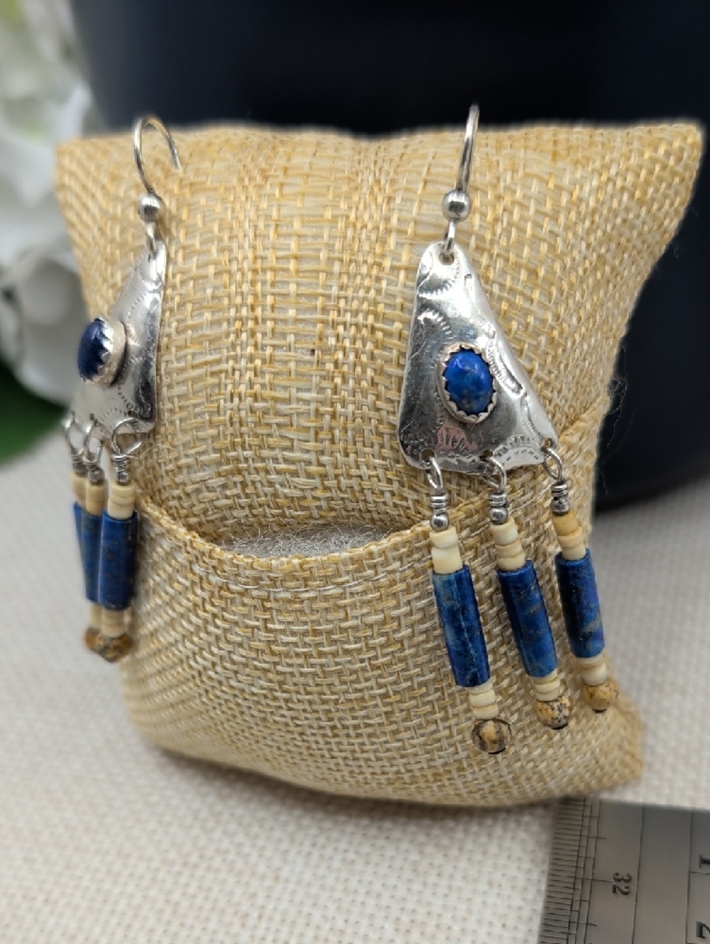 Vintage Sterling 925 Lapis Southwestern Fringe Long Drop Earrings Boho 1990s - Picture 3 of 17
